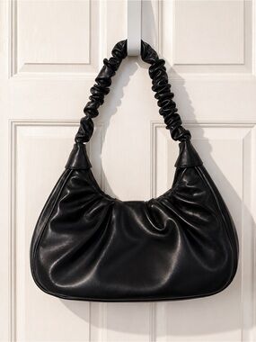 Black Ruched Leather Shoulder Bag - Women's Handbag